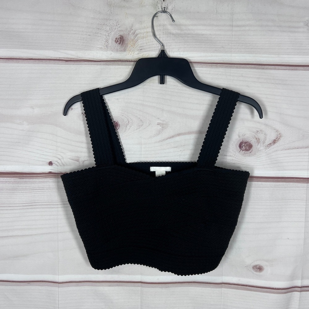 H&M Crop Top Women Medium Black Scalloped Trim Textured Sleeveless Tank Bandage